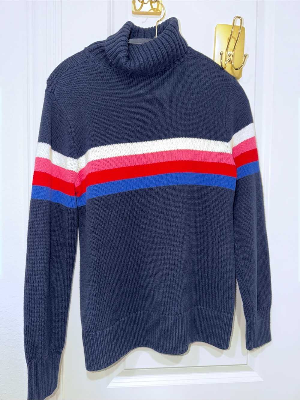 GAP Navy Turtleneck Sweater with Red, Pink & Blue Stripes